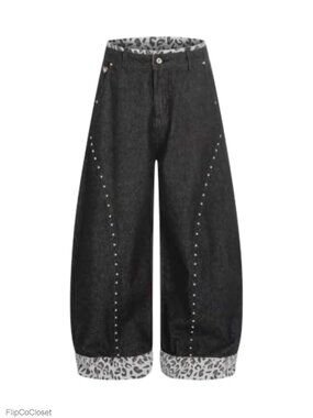 Baggy Wide Leg Jeans Double Waist Rivet Cuffed Denim Streetwear